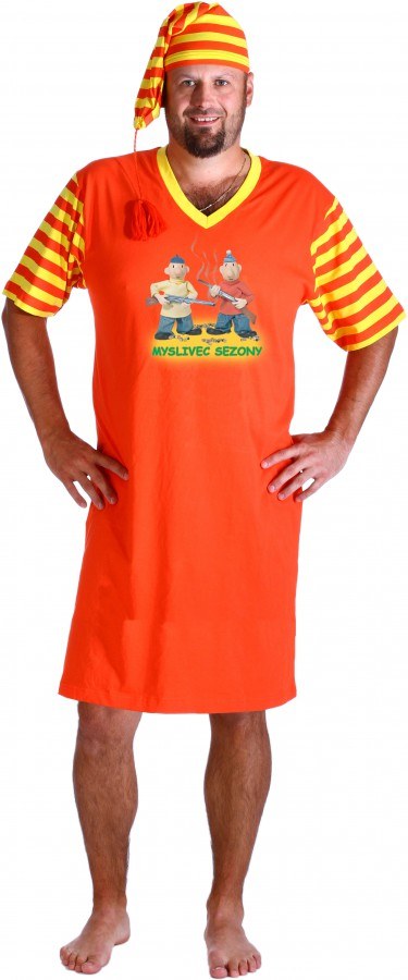 Noční košile s čepičkou pánská oranžová Pat a Mat Myslivec, velikost XXL