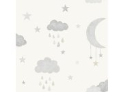 Šedo-bílá dětská tapeta s hvězdičkami a mráčky JS2211 | Lepidlo zdarma