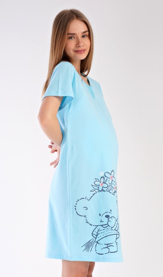 Dámská noční košile mateřská Méďa s kytkou - Kojící noční košile s krátkým rukávem