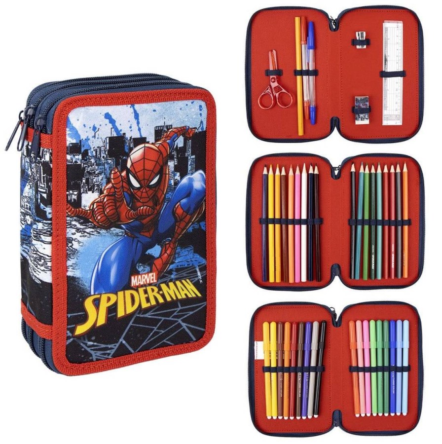 Školní penál třípatrový s náplní Spiderman - Penály a školní pouzdra