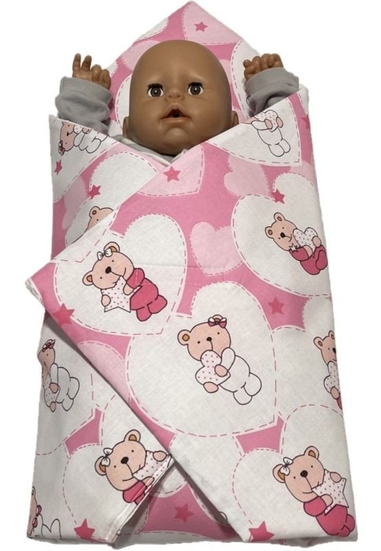 SDS Rychlozavinovačka pro panenky Medvídek srdíčka růžová Bavlna, výplň: Polyester, 1x 60x60 cm | Dětský textil a doplňky