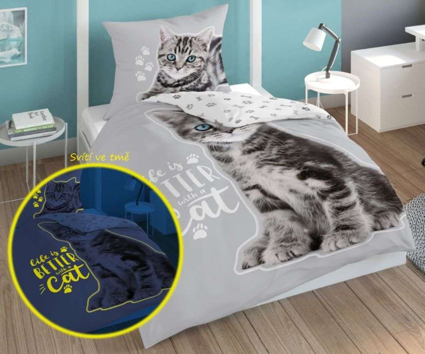 DETEXPOL Povlečení Koťátko grey svítící Bavlna, 140/200, 70/80 cm | Dětský textil a doplňky