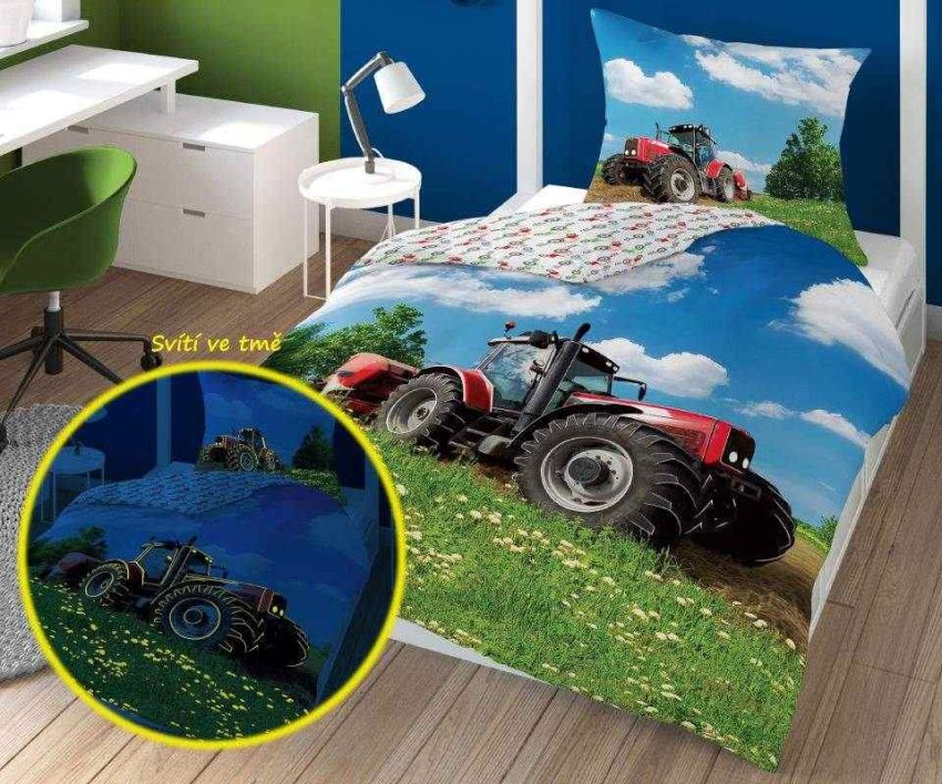 DETEXPOL Povlečení Traktor na louce svítící Bavlna, 140/200, 70/80 cm | Dětský textil a doplňky
