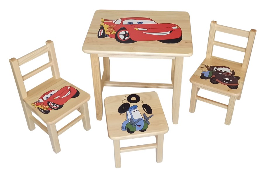Dětský stůl se třemi židlemi Wood Cars - Dětské stoly a židle