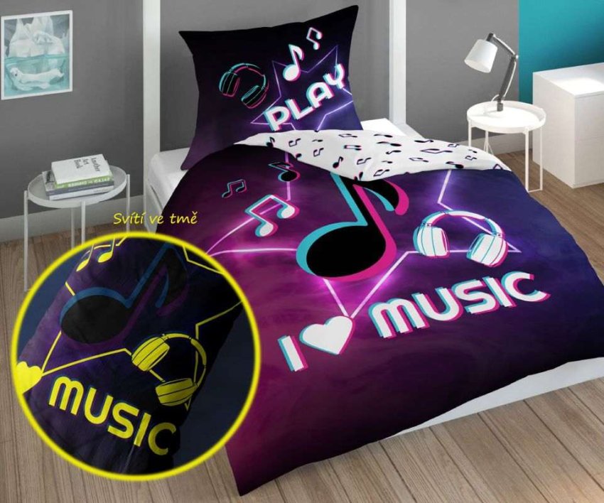 Povlečení pro teenagery - DETEXPOL Povlečení I love Music svítící Bavlna, 140/200, 70/80 cm DETEXPOL Povlečení I love Music svítící Bavlna, 140/200, 70/80 cm - Povlečení pro teenagery