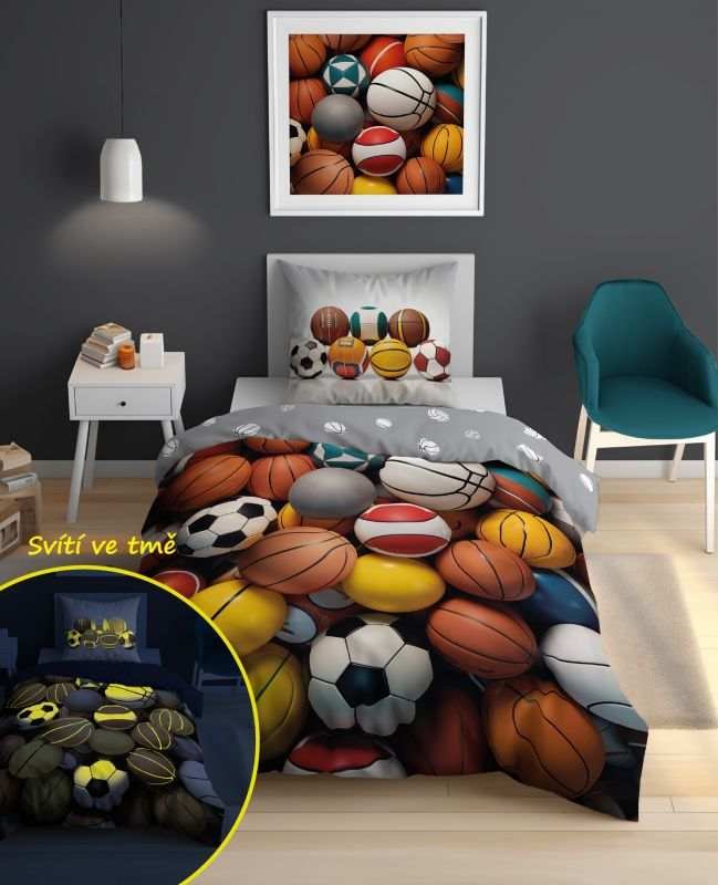 Povlečení pro teenagery - DETEXPOL Povlečení Míče svítící Bavlna, 140/200, 70/80 cm DETEXPOL Povlečení Míče svítící Bavlna, 140/200, 70/80 cm - Povlečení pro teenagery