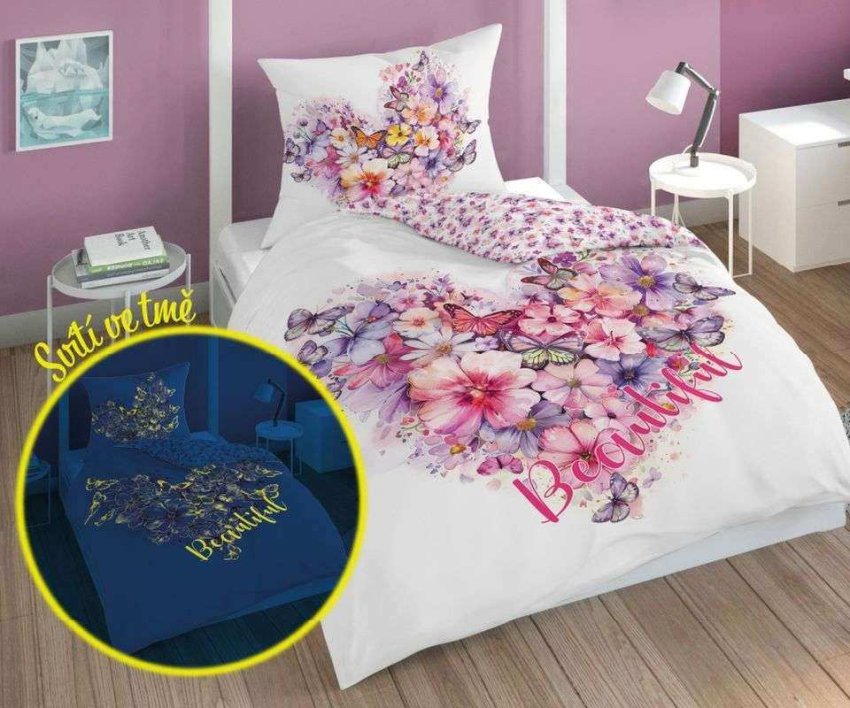 Povlečení klasické vzory - DETEXPOL Povlečení Motýlci srdce svítící Bavlna, 140/200, 70/80 cm DETEXPOL Povlečení Motýlci srdce svítící Bavlna, 140/200, 70/80 cm - Povlečení klasické vzory