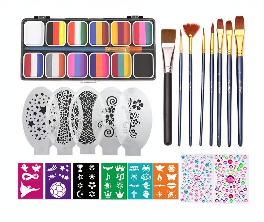 Velká sada trojitých barev na obličej s nálepkami a doplňky 35ks - Barvy na obličej