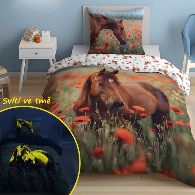 DETEXPOL Povlečení Kůň ve vlčím máku svítící Bavlna, 140/200, 70/80 cm - Povlečení fototisk