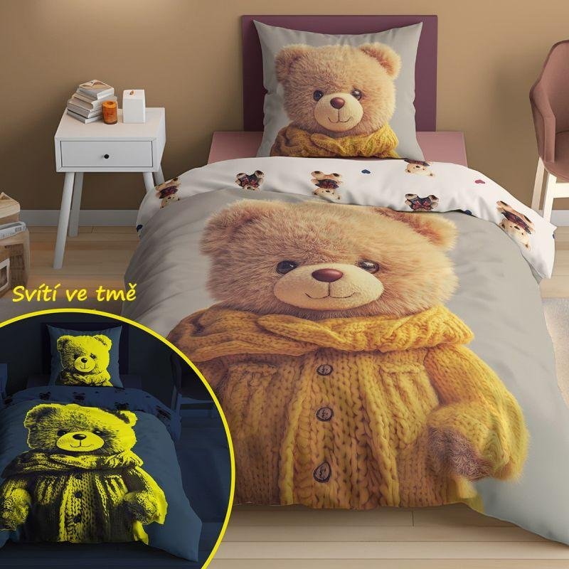 Dětské povlečení nelicenční - DETEXPOL Povlečení Medvídek ve svetru svítící Bavlna, 140/200, 70/80 cm DETEXPOL Povlečení Medvídek ve svetru svítící Bavlna, 140/200, 70/80 cm - Dětské povlečení nelicenční