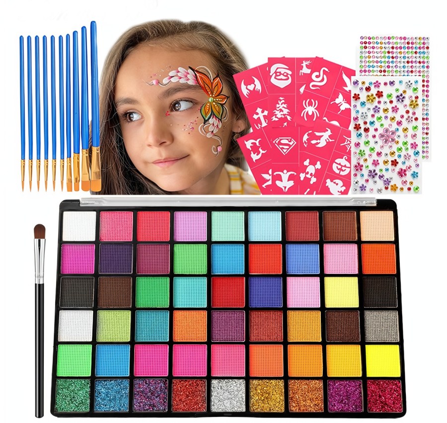 Dětská karnevalová sada barev na tělo a obličej s kamínky 54 barev - Barvy na obličej