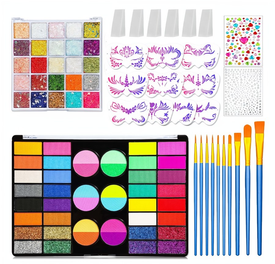 Párty a karneval - Barvy na obličej - Maxi sada barev na tělo a obličej s doplňky Glamour 98ks Maxi sada barev na tělo a obličej s doplňky Glamour 98ks - Barvy na obličej