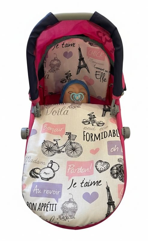 SDS Peřinky do kočárku pro panenky Paříž růžová Bavlna, výplň: Polyester, 1x 27x40 cm / 25x20 cm - peřinky do KOČÁRKU
