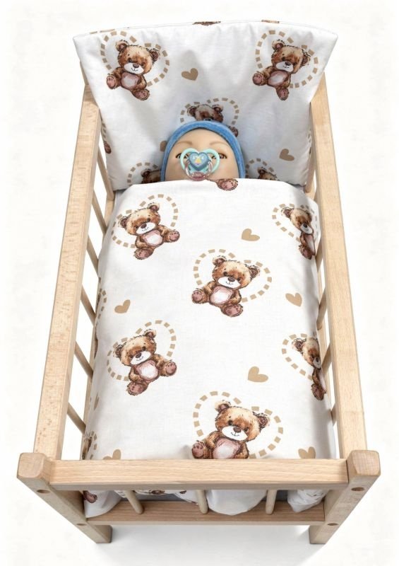 SDS Peřinky do postýlky pro panenky Medvídek v srdci bílá Bavlna, výplň: Polyester, 1x 38x44 cm / 28x20 cm - peřinky do POSTÝLKY