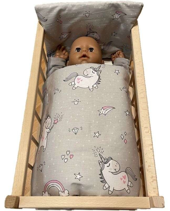 SDS Peřinky do postýlky pro panenky Jednorožec šedá Bavlna, výplň: Polyester, 1x 38x44 cm / 28x20 cm - peřinky do POSTÝLKY