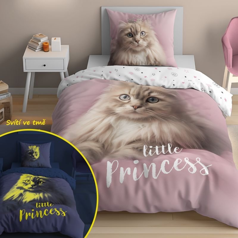 Povlečení fototisk - DETEXPOL Povlečení Kočka Little Princess svítící Bavlna, 140/200, 70/80 cm DETEXPOL Povlečení Kočka Little Princess svítící Bavlna, 140/200, 70/80 cm - Povlečení fototisk