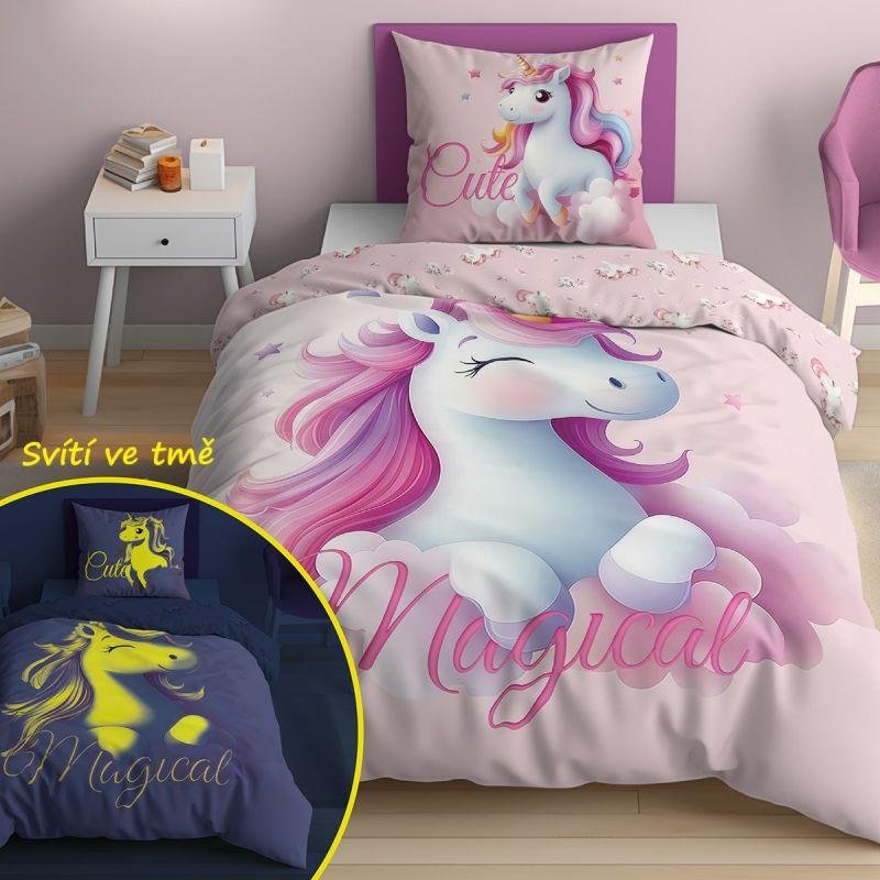 Povlečení nelicenční - DETEXPOL Povlečení Jednorožec Cute svítící Bavlna, 140/200, 70/80 cm DETEXPOL Povlečení Jednorožec Cute svítící Bavlna, 140/200, 70/80 cm - Povlečení nelicenční