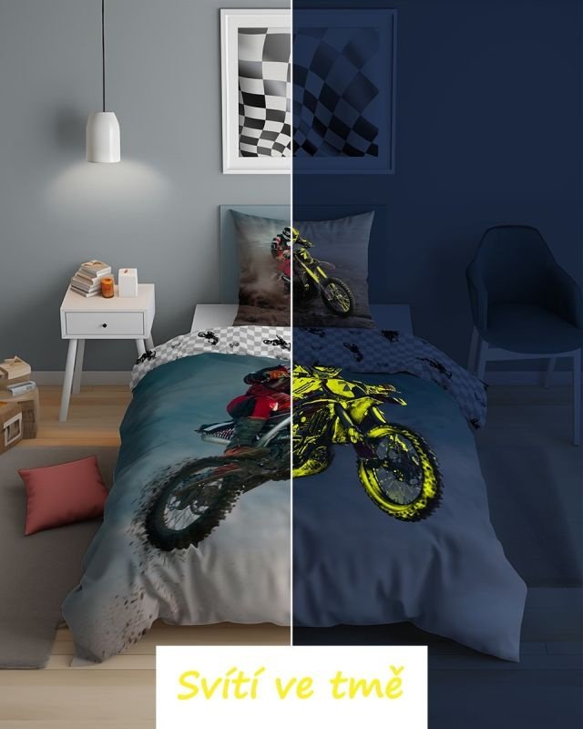 Povlečení sport - DETEXPOL Povlečení Motokros skok svítící Bavlna, 140/200, 70/80 cm DETEXPOL Povlečení Motokros skok svítící Bavlna, 140/200, 70/80 cm - Povlečení sport
