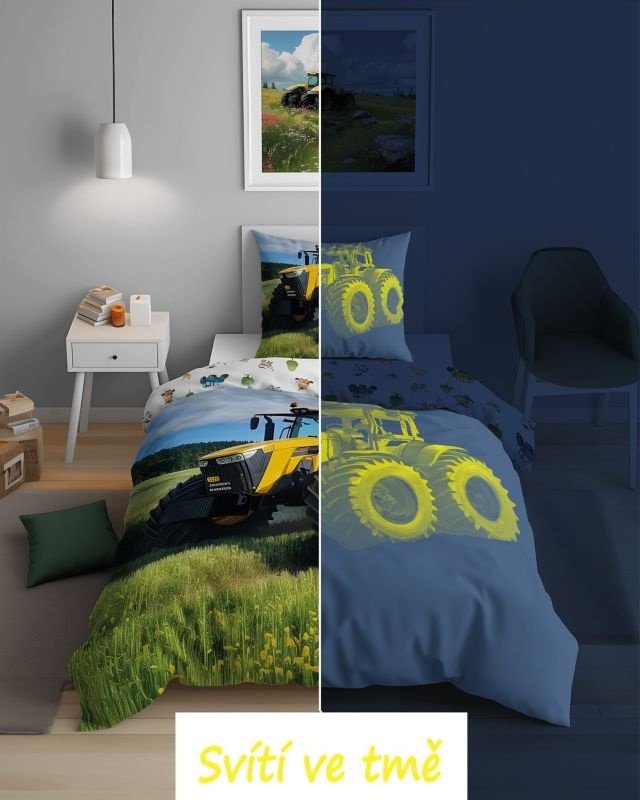 DETEXPOL Povlečení Traktor žlutý svítící Bavlna, 140/200, 70/80 cm - Povlečení fototisk